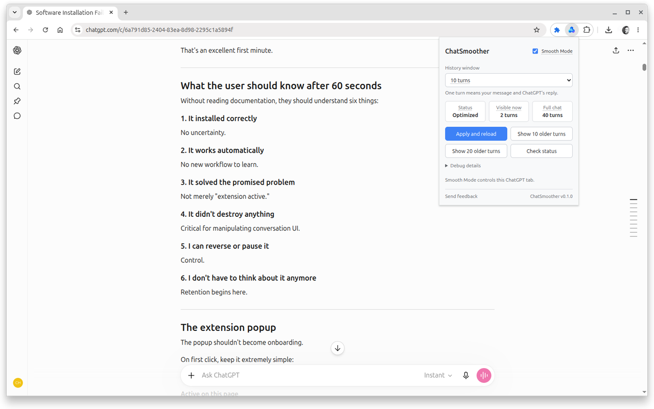 ChatSmoother controls over a long ChatGPT conversation, showing Smooth Mode enabled, a 10-turn history window and optimized status.